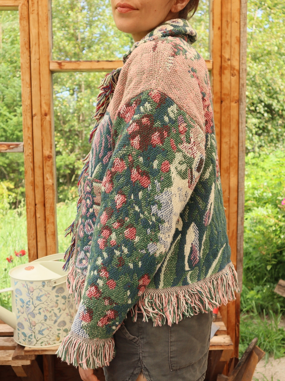 Upcycled Vintage Blanket Jacket With Fringe Garden Flowers Cottagecore - Picture 13 of 16
